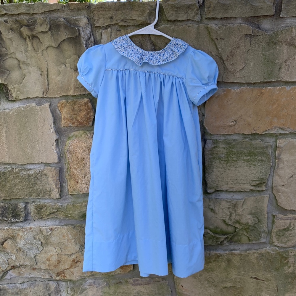 Girls blue dress with blue floral trim, handmade